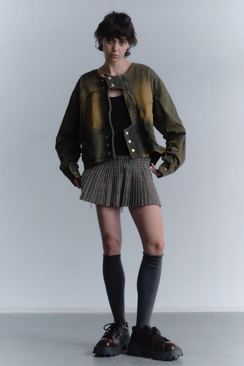 CIRCLE CUT-OUT DENIM JACKET -RUSTED BROWN-